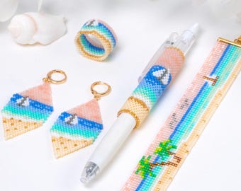 Beachfront Blıss Beaded Bracelet, Earrıngs, Rıng, Pen wrap PDF patterns for Miyuki delica 11/0, DD - 021