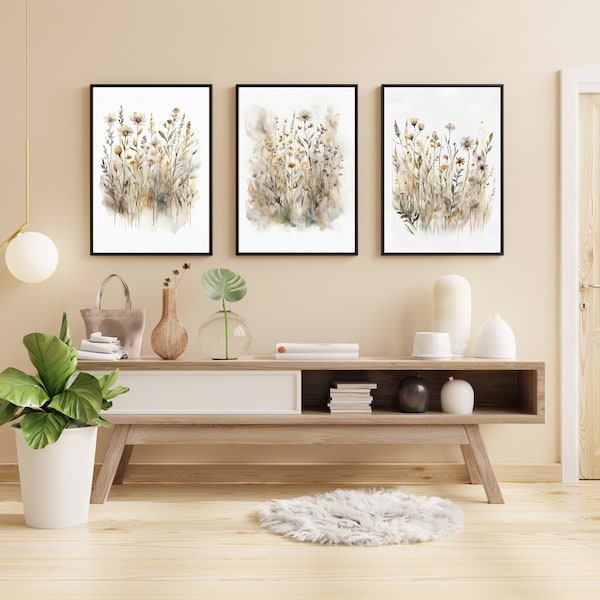 Wildflower Print, Floral Wall Art, Autumn Floral, Boho Floral Home Decor, Beige Home Decor, Neutral Home Decor, Vintage Wall art set of 3