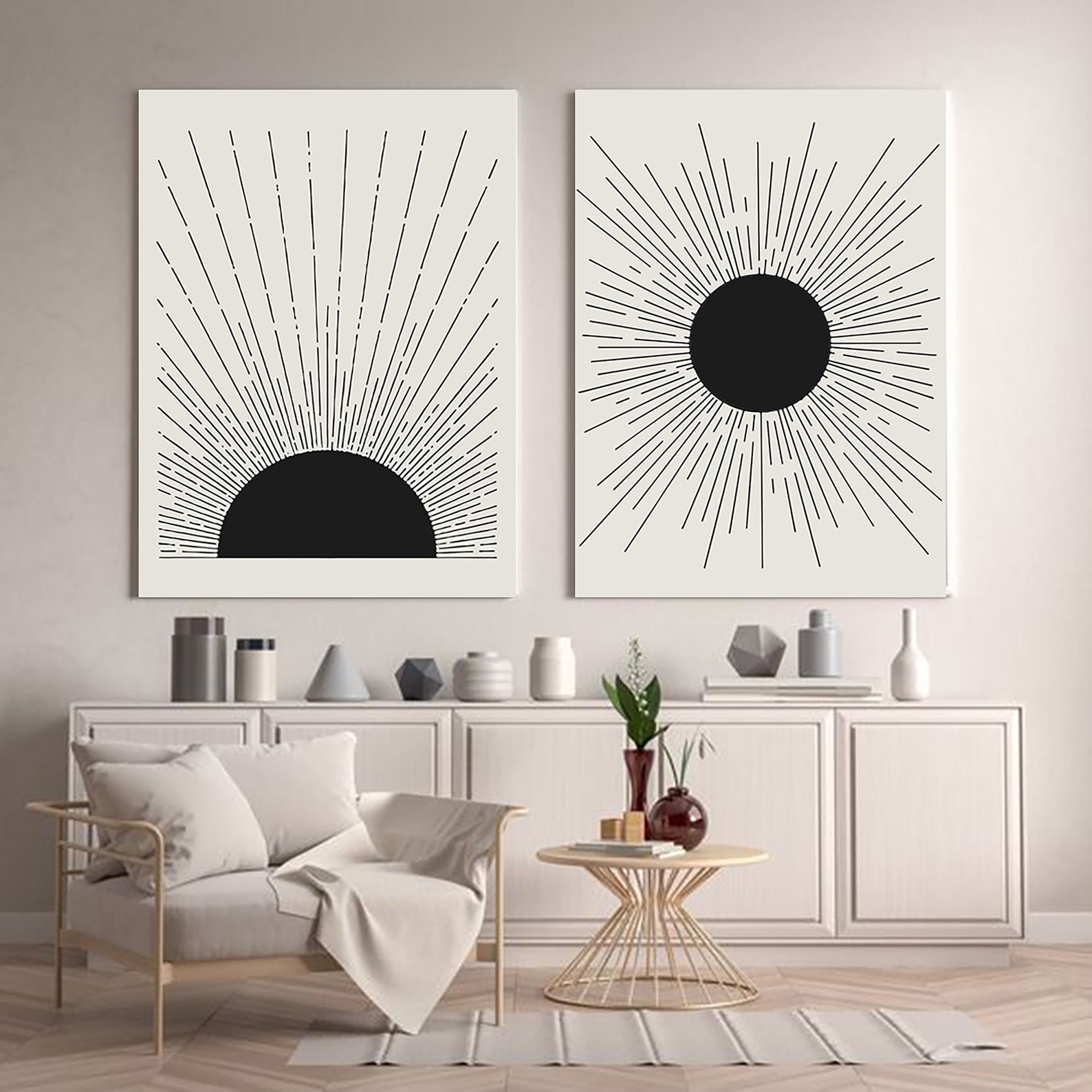 Digital Abstract Sun Print, Geometric Line Wall Art Set, Abstract ...