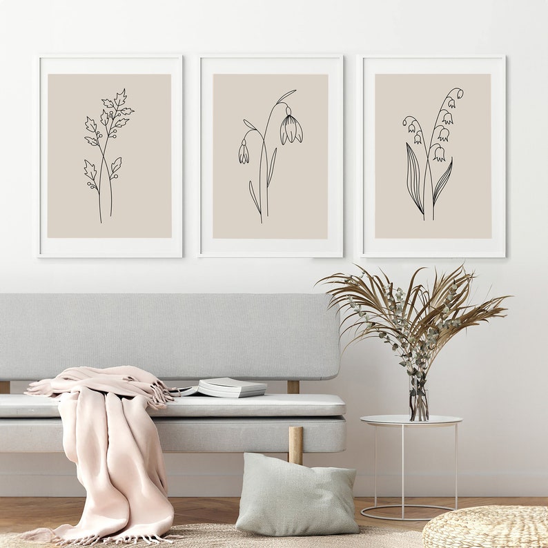 Flower Line Drawing Prints, Floral Wall Art, Flower Art Set of 3 ...