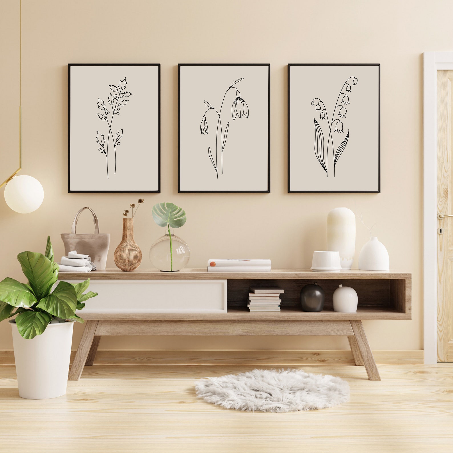 Flower Line Drawing Prints, Floral Wall Art, Flower Art Set of 3 ...