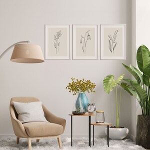 Flower Line Drawing Prints, Floral Wall Art, Flower Art Set of 3, Flower Line Downloadable Print, Modern Home Decor, Botanical Print Set