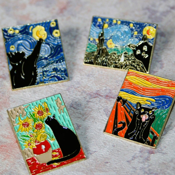 Vincent van Gogh Cat Art fine art pin -  Starry Night, Sunflowers, The Scream. Custom brooches, lapel badges. Cat lover.  Pin for artist.