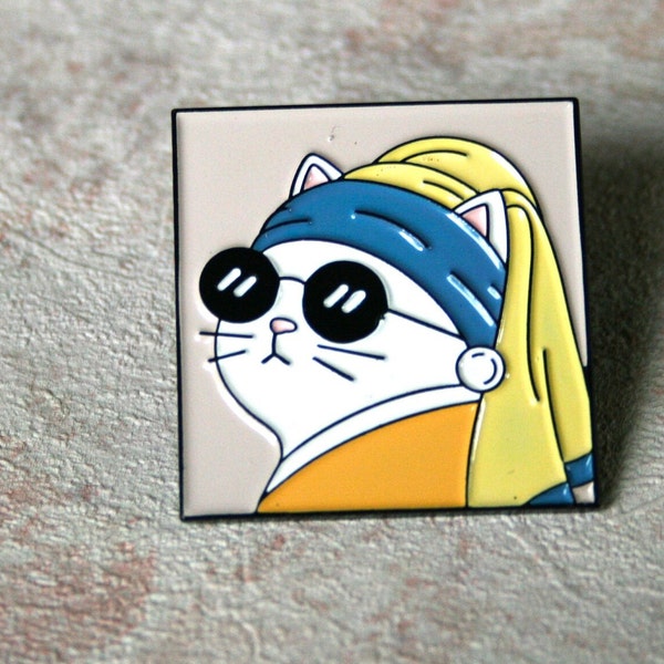 Girl with a Pearl Earring - Johannes Vermeer. Stylish Cat Art fine art pin. Custom brooches, lapel badges. Cat lover.  Pin for artist.