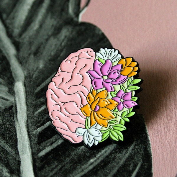 Anatomical hemisphere of the human  brain art pin. Medical student, nurse, surgeon, science teacher decorative gift pin.  CT scan.