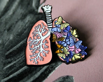 Anatomical organ lungs butterflies art pin. Medical student, nurse, surgeon, science teacher decorative gift pin. MRI scan.