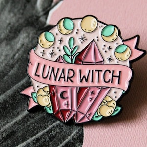 Lunar witch, crystal and moon phases, pink mystical, pagan pin. Gift for witch, Wicca.