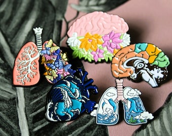 Anatomical organ lungs,  brain,  butterflies art pin. Medical student, nurse, surgeon, science teacher decorative gift pin. MRI scan.