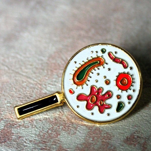Amoeba, viruses and bacteria magnifying glass pin. Gift for science teacher, microbiologist. Laboratory pin.