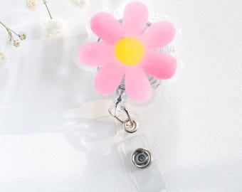 Flower Badge Reel Pink with Retractable Cord Badge Holder for Nurses, Doctors ID Card Badge Holder Name Card, Pink Floral Accessory Gift