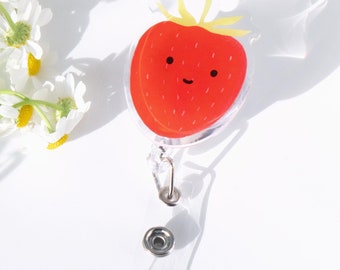 Strawberry Smiley Face Badge Reel with Retractable Reel Name Tag Card Clip for Nurse Key Card, Doctor ID Badge, Accessory Gift