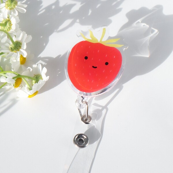 Strawberry Badge Reel | Retractable badge reel, nurse key card, cute ID holder, spring accessory, happy fruits, smiley face