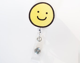 Smiley Face Badge Holder, Badge Reel with Retractable Cord, Nursing Badge Reel, Doctor ID Card Holder Badge Name Tag Holder, Accessory Gift