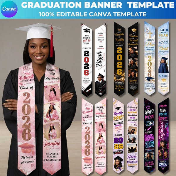 Plantillas de Canva para estolas de graduación personalizadas, banda de graduación, estola personalizada, promoción de 2026, estilo mexicano y filipino.