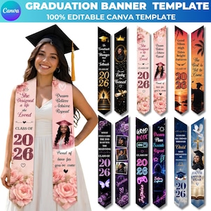 Puede incluir: Una plantilla de banner de graduación con varios diseños. Las pancartas presentan patrones florales, citas inspiradoras y el texto "Clase de 2026". La plantilla es 100% editable en Canva.