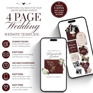 May include: A 4-page wedding website template displayed on two smartphones. The design features a deep burgundy and cream colour palette with floral accents, wax seal graphics, and text reading "The Wedding of Fernanda & Gustavo" and "Click to Open."