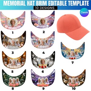 Puede incluir: Una colección de plantillas de ala de sombrero conmemorativas con varios diseños, que incluyen imágenes de una mujer, texto y elementos florales. Las plantillas son de diferentes colores y estilos, con una gorra de béisbol naranja a la derecha. El texto incluye frases como "Te echaremos de menos" y "En memoria amorosa".