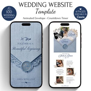 May include: A wedding website template displayed on two smartphones, featuring a blue textured background with an animated envelope, a countdown timer, and four editable pages. The design includes text reading Together is a Beautiful beginning, Open with Love, and The Story of Jack & Grace, alongside photo placeholders and floral illustrations.
