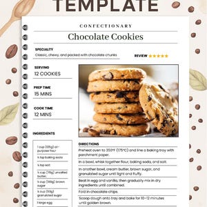 May include: A recipe template for chocolate cookies. The recipe includes ingredients like flour, butter, and chocolate chips. The image shows a stack of freshly baked cookies with chocolate chips. The recipe is labeled as vegetarian.
