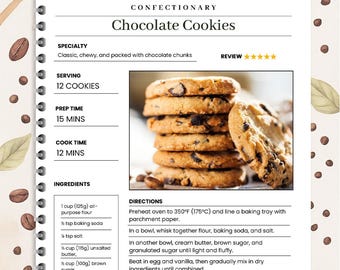 Peut inclure: Un modèle de recette pour des cookies au chocolat. La recette comprend des ingrédients comme la farine, le beurre et les pépites de chocolat. L'image montre une pile de cookies fraîchement cuits avec des pépites de chocolat. La recette est végétarienne.