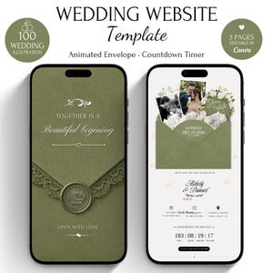 Op de afbeelding: Een trouwwebsite-sjabloon weergegeven op twee smartphones. Het linkerscherm toont een olijfgroene envelop met een waszegel en de tekst "Together is a beautiful beginning". Het rechterscherm toont evenementdetails, foto's en een afteltimer.