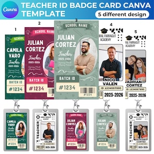 Peut inclure: Modèle de carte d'identification de professeur avec cinq designs différents. Chaque badge comprend une photo, le nom de l'école, le nom du professeur et le numéro d'identification. Les badges sont de différentes couleurs, dont le vert, le violet et le gris.
