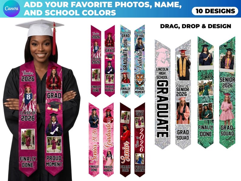 Graduation Robe Items Sashes Custom Graduation Stole Canva Template, Personalized Grad Sash Designs ...
