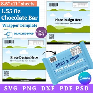 May include: A template for a 1.55 oz chocolate bar wrapper, with the text "DRAG & DROP YOUR DESIGN HERE". The design includes a blue wrapper, a landscape background, and the text "8.5"x11" sheets". The design is available in SVG, PNG, DXF, PDF, and PSD formats.