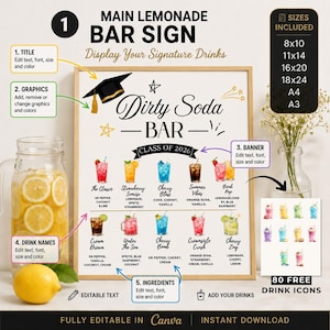 Könnte beinhalten: Ein Hauptschild für eine Limonadenbar mit dem Text "Dirty Soda Bar" und "Class of 2026". Das Schild enthält eine Liste von Signature-Drinks mit ihren Zutaten und eine Vielzahl von Größen, darunter 20x25, 28x35 und 40x50 cm.