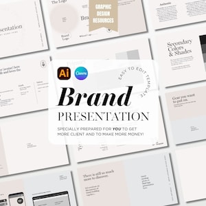 Könnte beinhalten: Eine Markenpräsentationsvorlage mit dem Text "Brand Presentation" und "Specially prepared for you to get more client and to make more money!" Die Vorlage enthält Abschnitte für Markenlogos, Farben und Schriftarten.