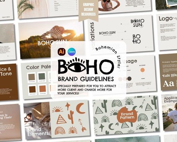 Brand Guidelines Boho Style - Bohemian Brand Guidelines | Brand Guide | Illustrator & Canva Template | Brand Book | With Free Mockup Bundle!