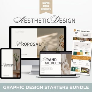 Könnte beinhalten: Ein Mockup eines Grafikdesign-Starterpakets mit einem Angebot, einem Branding-Vertrag, Markenrichtlinien und einem Markenrichtlinienblatt. Das Design ist ästhetisch mit einer neutralen Farbpalette in Beige, Braun und Weiß.