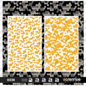May include: Two digital designs of a yellow and white camouflage pattern. The pattern is made up of small hexagons. The text "HEXCAM" is at the bottom of the image.