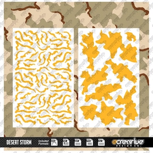 Puede incluir: Diseño digital con dos conjuntos de patrones de camuflaje desértico amarillo y blanco. Los patrones se colocan sobre un fondo de camuflaje marrón y beige. El texto "DESERT STORM" está en la parte inferior, con iconos de formato de archivo.