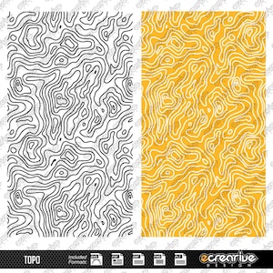 Puede incluir: Una descarga digital de un patrón topográfico en blanco y negro y una versión amarilla y blanca. El patrón es sin costuras y se puede utilizar para una variedad de proyectos.