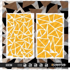 Puede incluir: Dos archivos digitales de un patrón geométrico con triángulos amarillos sobre un fondo blanco. Los archivos están disponibles en los formatos SVG, PDF, DXF, PNG y PLT.
