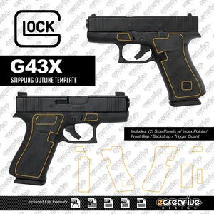 May include: A black Glock G43X pistol with a stippling outline template. The template includes side panels with index points, a front grip, backstrap, and trigger guard. The image includes the text "LOCK" and "G43X Stippling Outline Template".