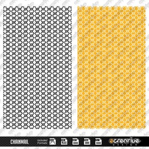 May include: Black and white chainmail pattern design, and a yellow and white chainmail pattern design. The designs are seamless and can be used for a variety of projects.