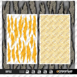 Puede incluir: Dos impresiones de arte digital con temática de reptiles. Una presenta marcas de garras amarillas sobre un fondo blanco, la otra un patrón geométrico amarillo. La palabra "RIPTLE" está en la parte inferior, junto con iconos de formato de archivo.
