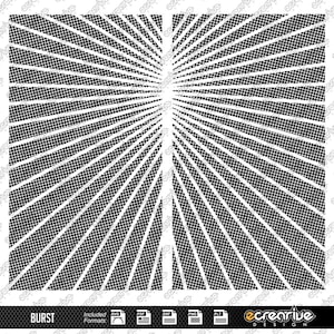 May include: A black and white graphic design with a burst pattern. The design is made up of thin white lines radiating out from the center of the image. The lines are set against a black background.