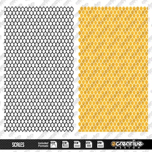 May include: Black and yellow geometric pattern with a honeycomb design. The pattern is repeated on both sides of the image. The image includes the text "SCALES" and "Included Formats: SVG, PDF, DXF, PNG, PLT".