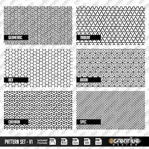 Pode incluir: Conjunto de seis padrões geométricos em preto e branco, cada um com um nome: Geometric, Trident, Hex, Axion, Chevron e Spec. Os padrões estão em um fundo branco, com o texto "PATTERN SET - V1" na parte inferior. Inclui formatos de arquivo.