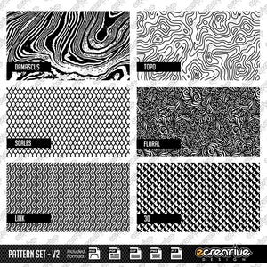 Puede incluir: Un conjunto de seis patrones sin costuras en blanco y negro. Los patrones están etiquetados como "Damascus", "Topo", "Scales", "Floral", "Link" y "3D".
