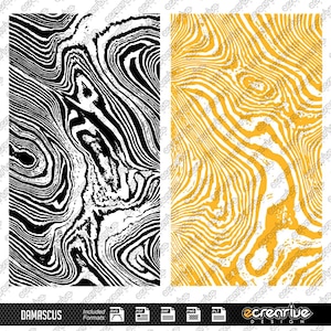 May include: Two digital designs featuring a black and white abstract pattern with a swirling, wood-grain effect. The second design is the same pattern in yellow and white.