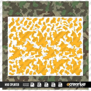 May include: A digital design featuring a yellow and white splinter camouflage pattern. The design is set against a background of green and brown camouflage. The text "M90 SPLINTER" is at the bottom, along with file format icons.