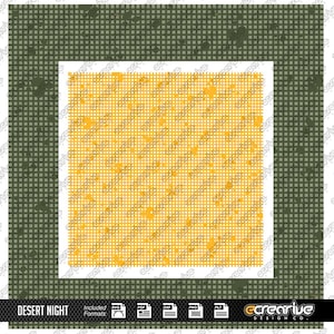 Peut inclure: Un design numérique intitulé "Desert Night" présentant un motif texturé jaune et blanc avec des accents orange épars, encadré d'un bord blanc et d'un fond de grille vert foncé moucheté. Inclut divers formats de fichiers.