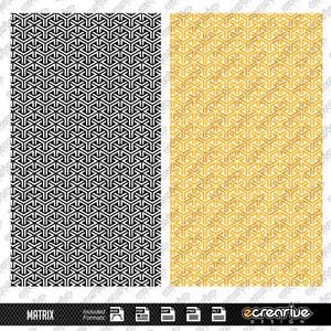 May include: Two seamless geometric patterns, one in black and white and the other in yellow and white. The patterns are made up of repeating triangles and squares.