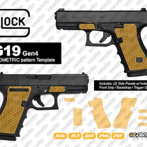 以下が含まれることがあります： 幾何学模様のテンプレートが施された、黒いGlock G19 Gen4ピストル。テンプレートには、サイドパネル、フロントグリップ、バックストラップ、トリガーガードが含まれています。