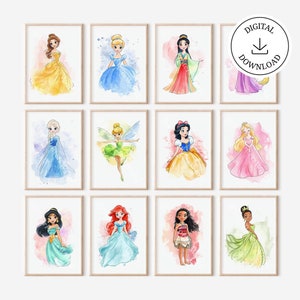 Set di principesse di 12 poster - Decorazione d'arte da parete stampabile - Decorazione della camera per ragazze - Camera a tema principessa - Asilo nido principessa - Decorazione della camera da letto digitale
