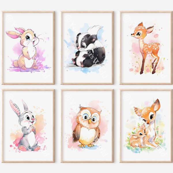 Set Of 6 Bambi Characters - Watercolor Bambi Poster - Nursery Room Digital Decor - Printable Bambi Wall Art- Kids Room Decor - Birthday Gift